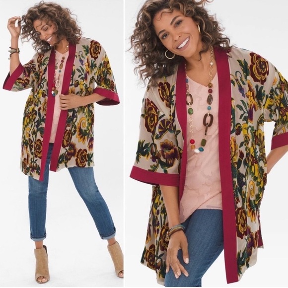 Chicos Heritage Silk Floral Velvet Burnout Kimono, contrasting satin lining, S/M - Picture 1 of 13